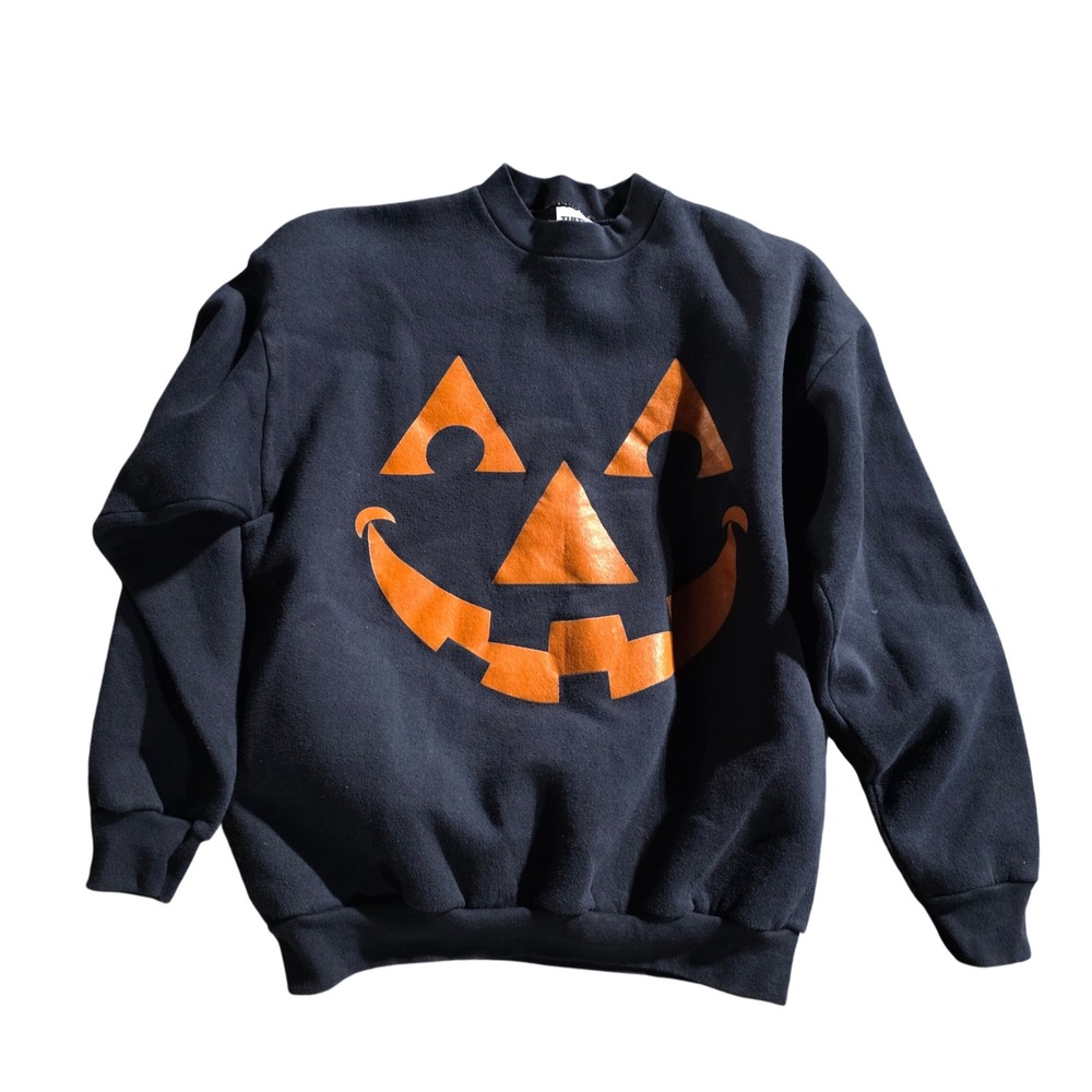 Vintage 90s Tultex Halloween Pumpkin Jack O Lantern Sweatshirt Black Large